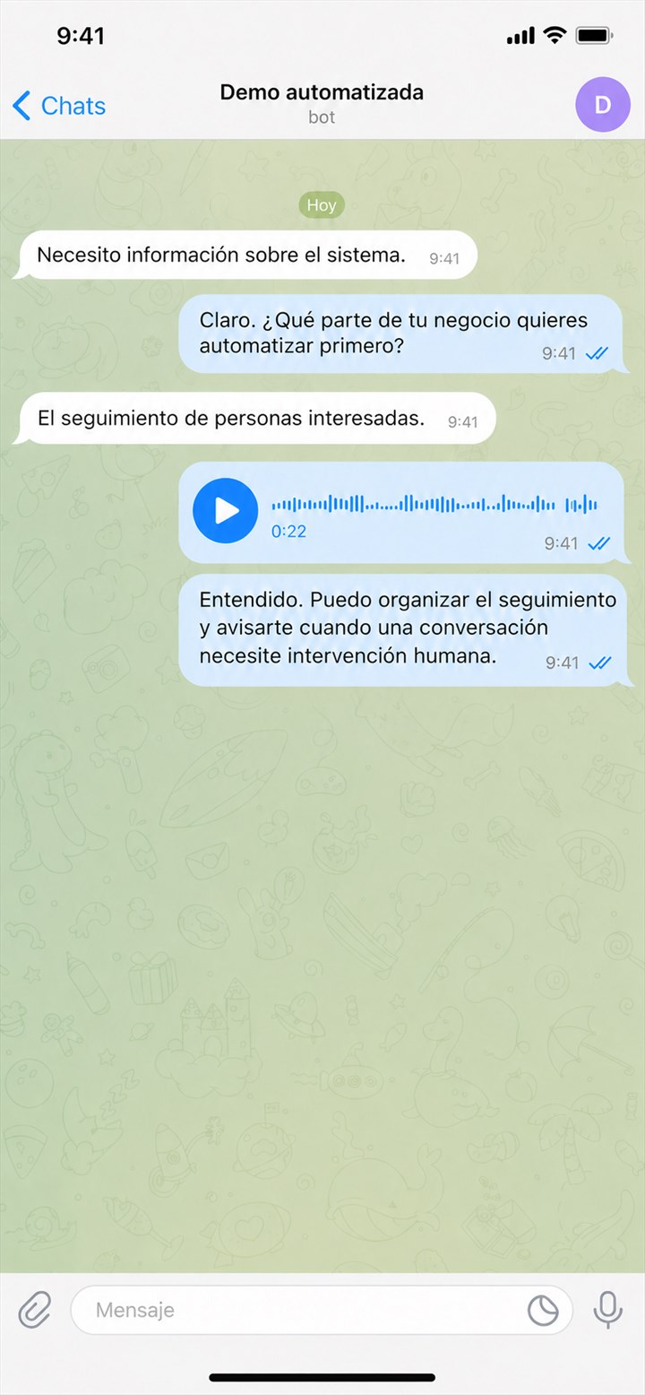 Demostración recreada de un chatbot haciendo seguimiento por Telegram mediante texto y audio