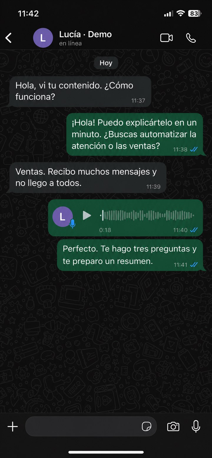 Demostración recreada de un chatbot cualificando un lead por WhatsApp mediante texto y audio