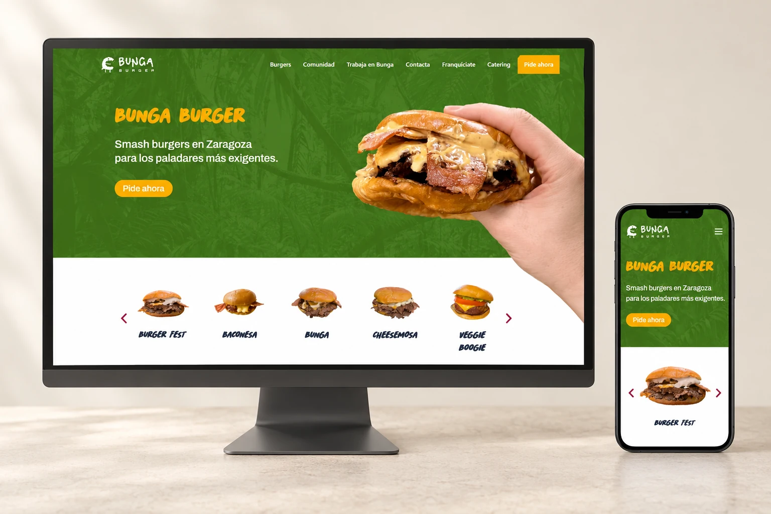 Maqueta da web real de Bunga Burger nun dispositivo