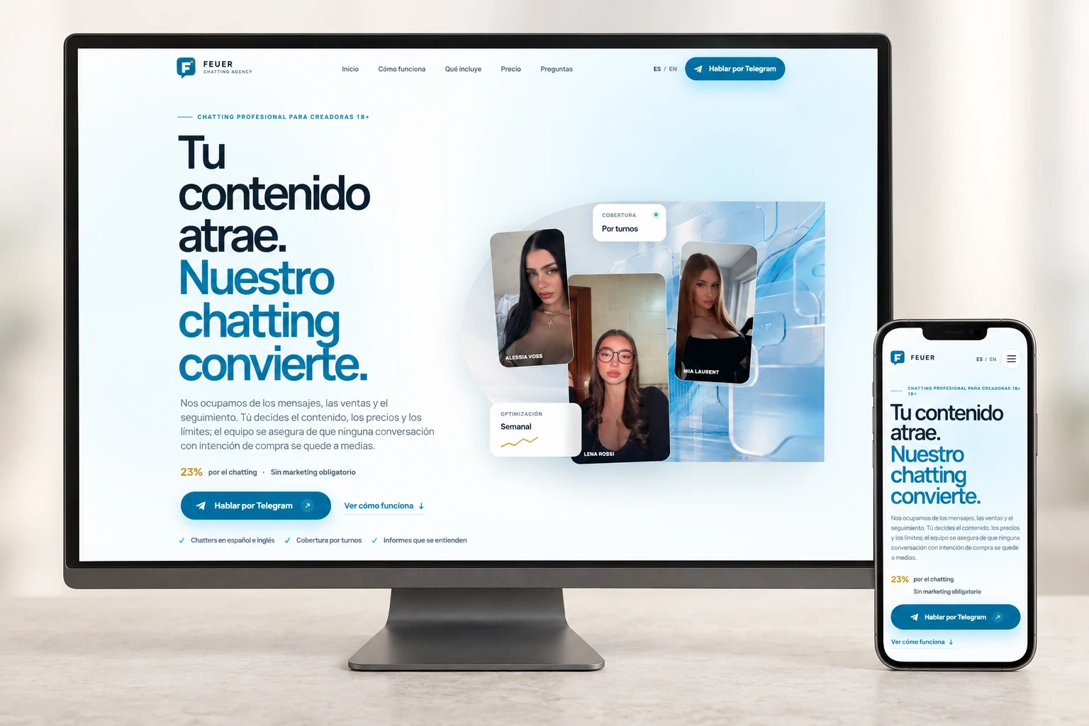 Maqueta da web real de Feuer Agency nun dispositivo