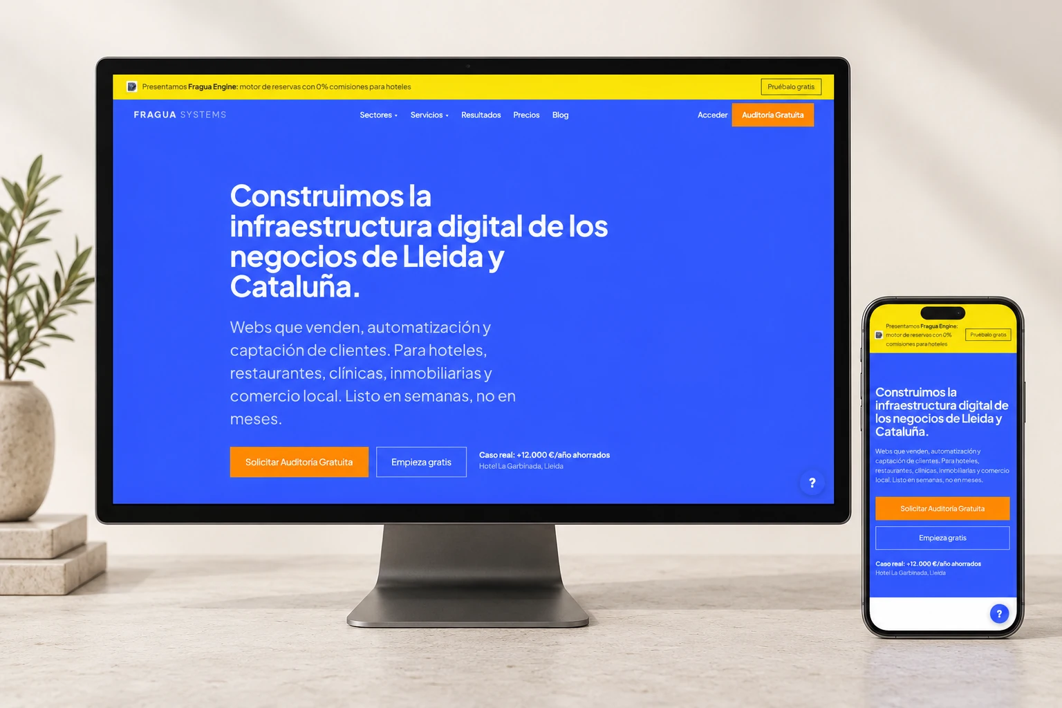 Maqueta da web real de Fragua Systems nun dispositivo