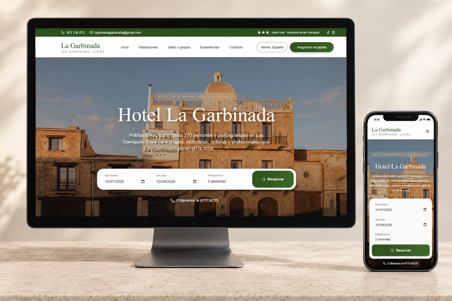 Maqueta da web real de Hotel La Garbinada nun dispositivo