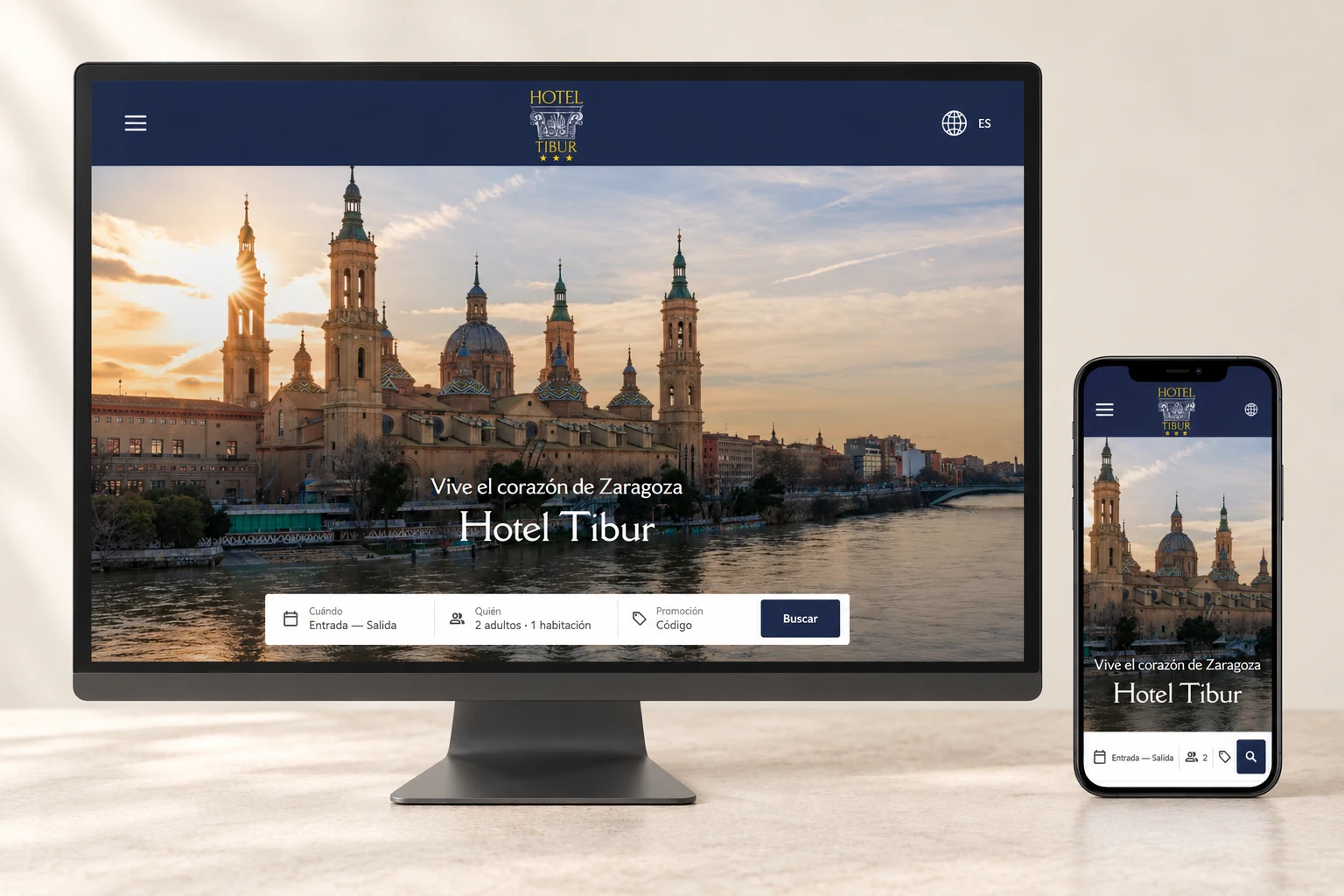 Maqueta da web pública de Hotel Tibur en ordenador e móbil, como referencia do hotel