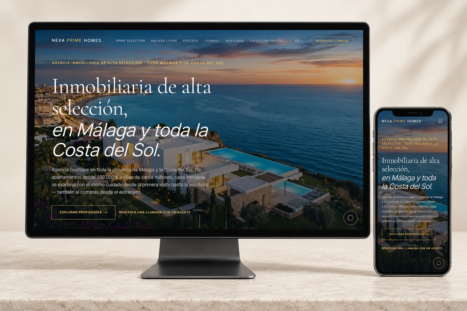 Maqueta da web real de Nexa Prime Homes nun dispositivo