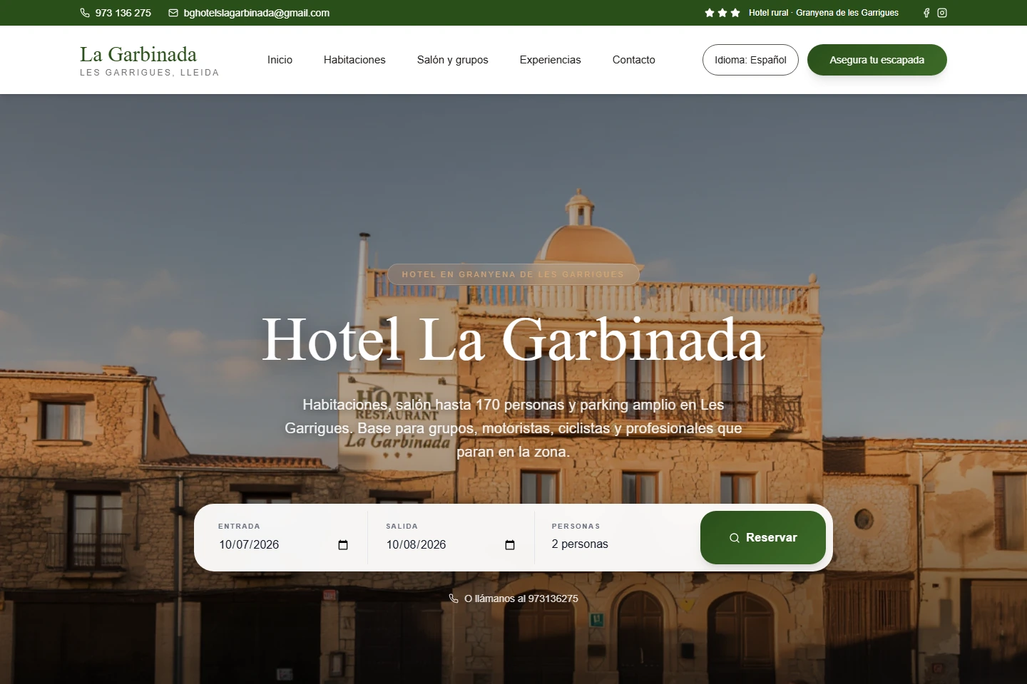Captura real de la web pública de Hotel La Garbinada en ordenador