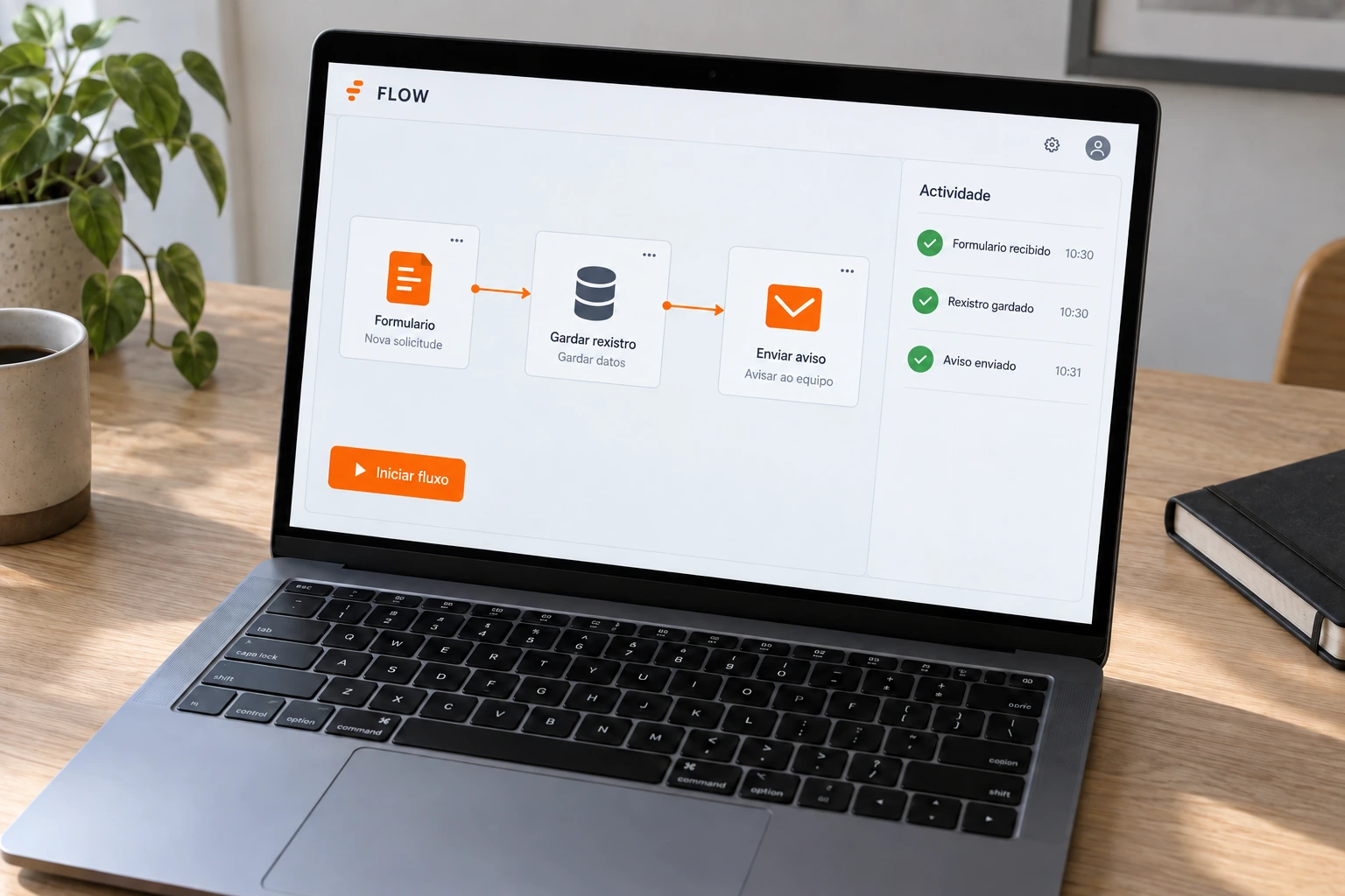 Fluxo demostrativo de rexistro e avisos presentado nun portátil