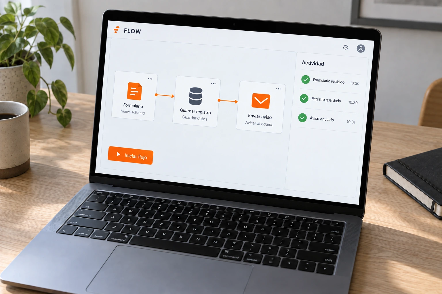 Flujo demostrativo de registro y avisos presentado en un portátil