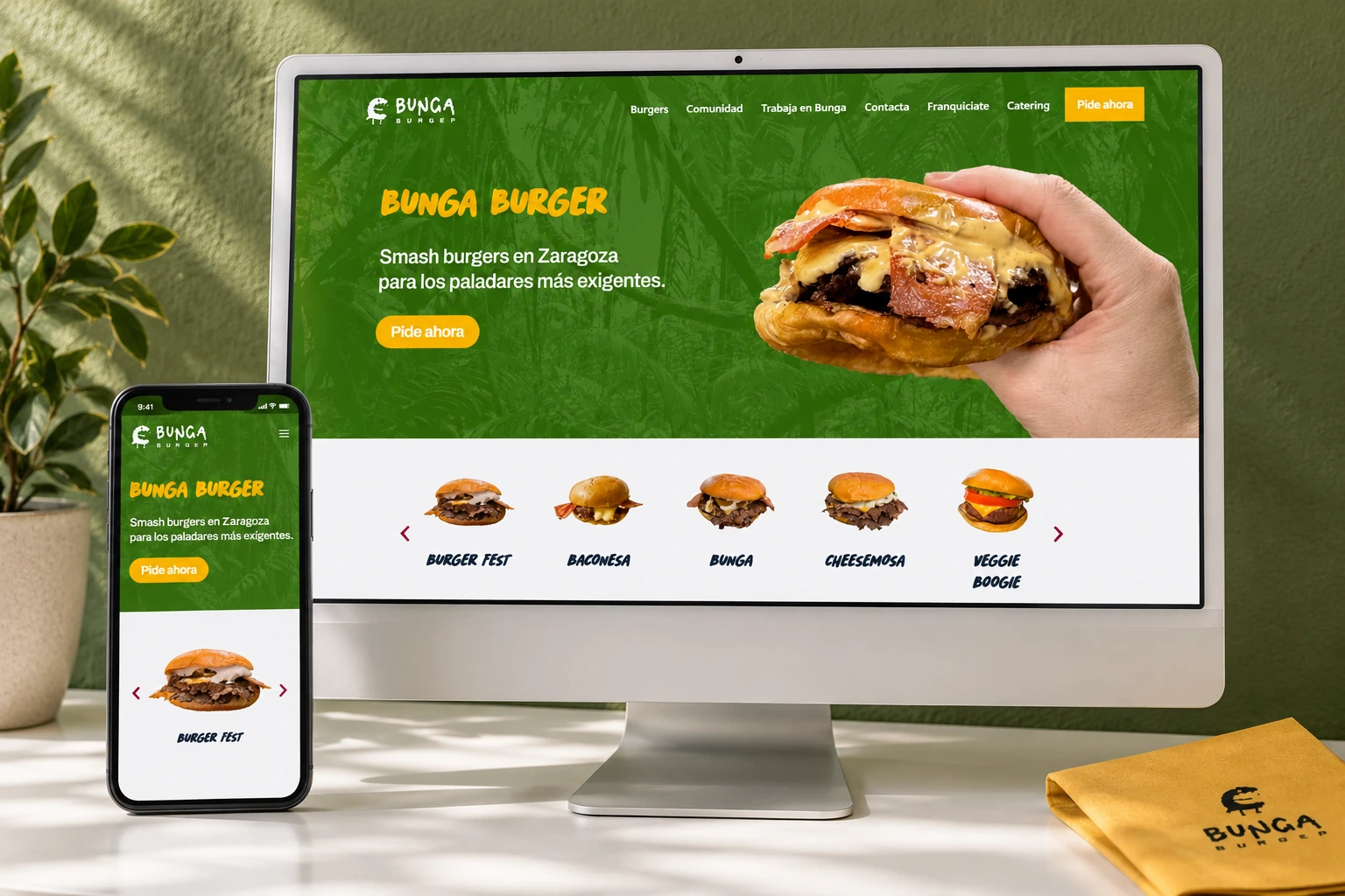 Web real de Bunga Burger presentada en ordenador e móbil
