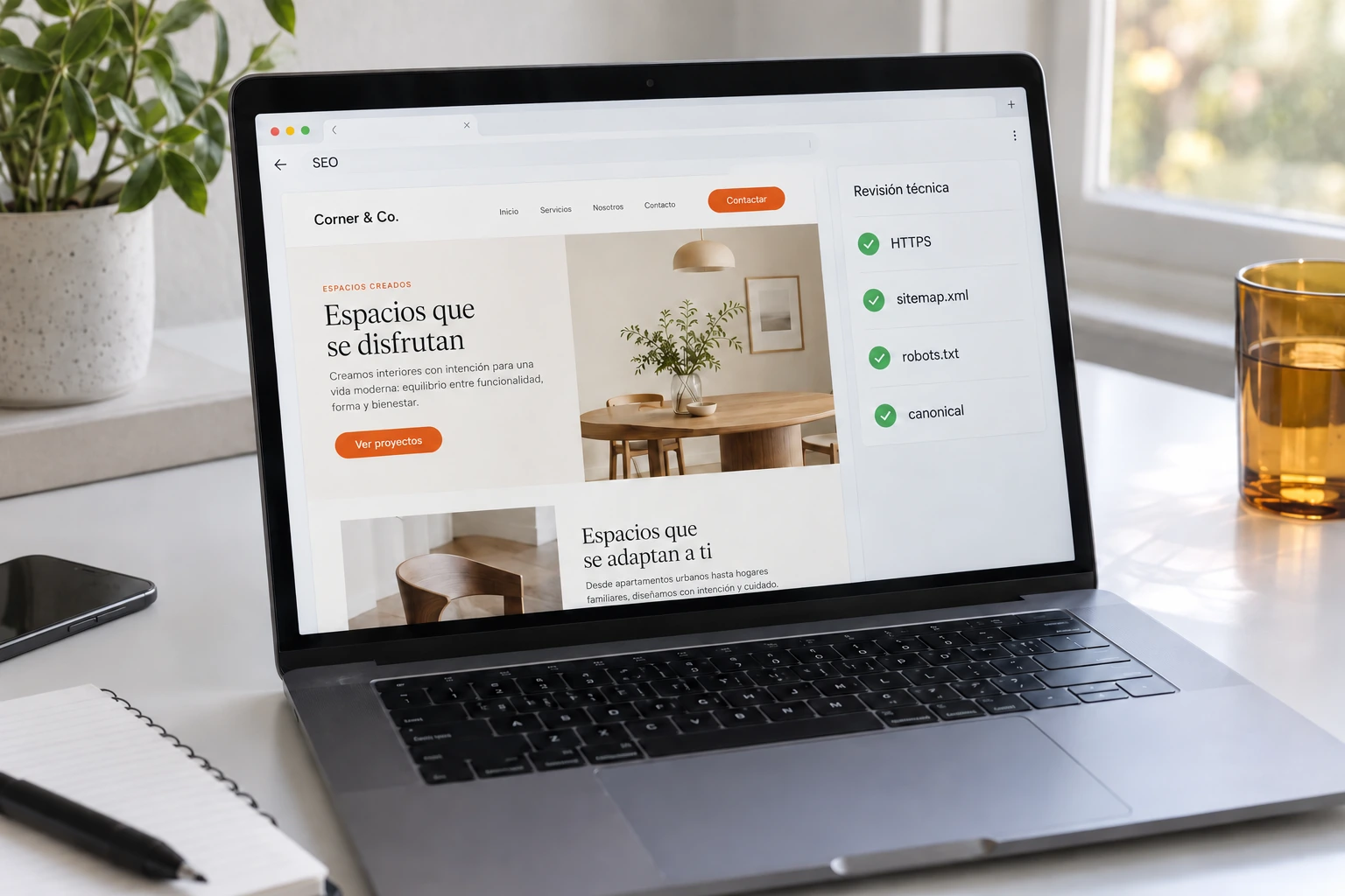 Revisión técnica demostrativa de una web presentada en un portátil