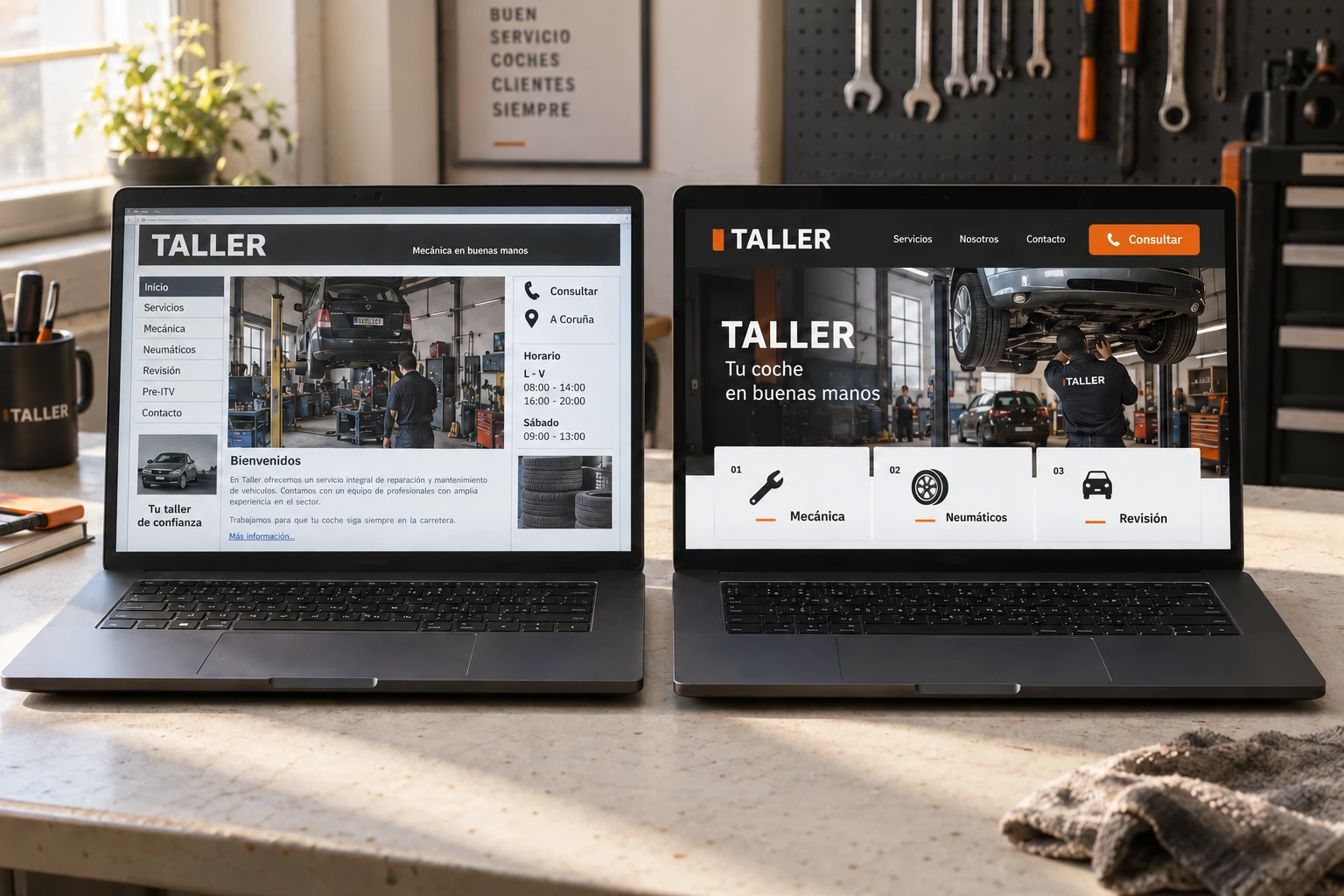 Comparación ilustrativa de una web ficticia de taller antes y después de renovar su presentación